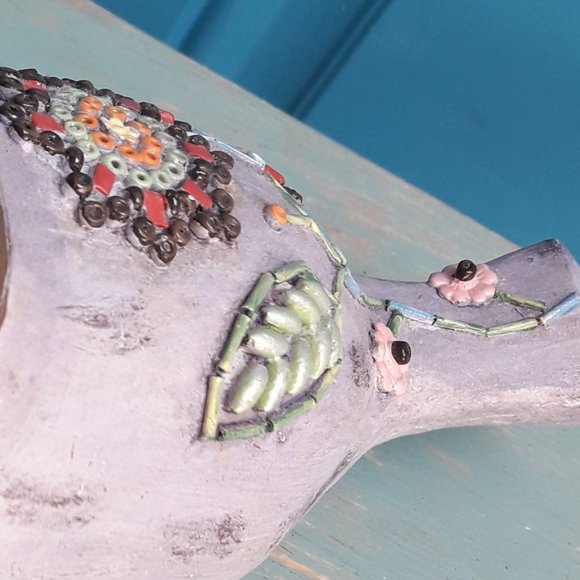 Carved Wood Bird Boho Hippie Decor Wooden Bird Figurine Embellished Beaded Art - Picture 9 of 16